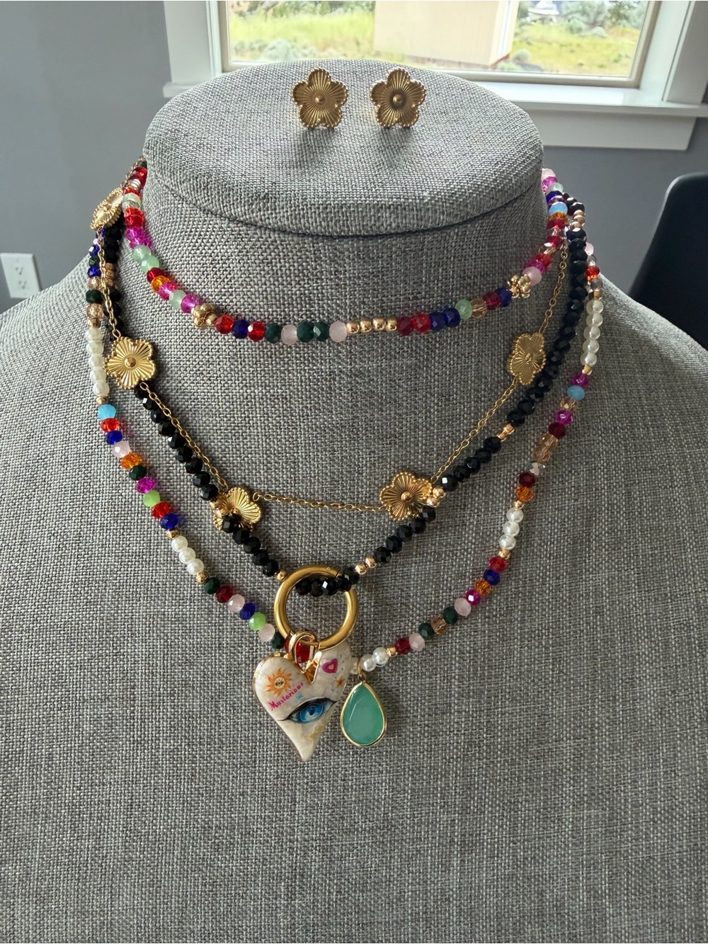 Gold Floral Multi-Strand Heart & Teardrop Pendant Necklace - Multicolor - Picture 1 of 1